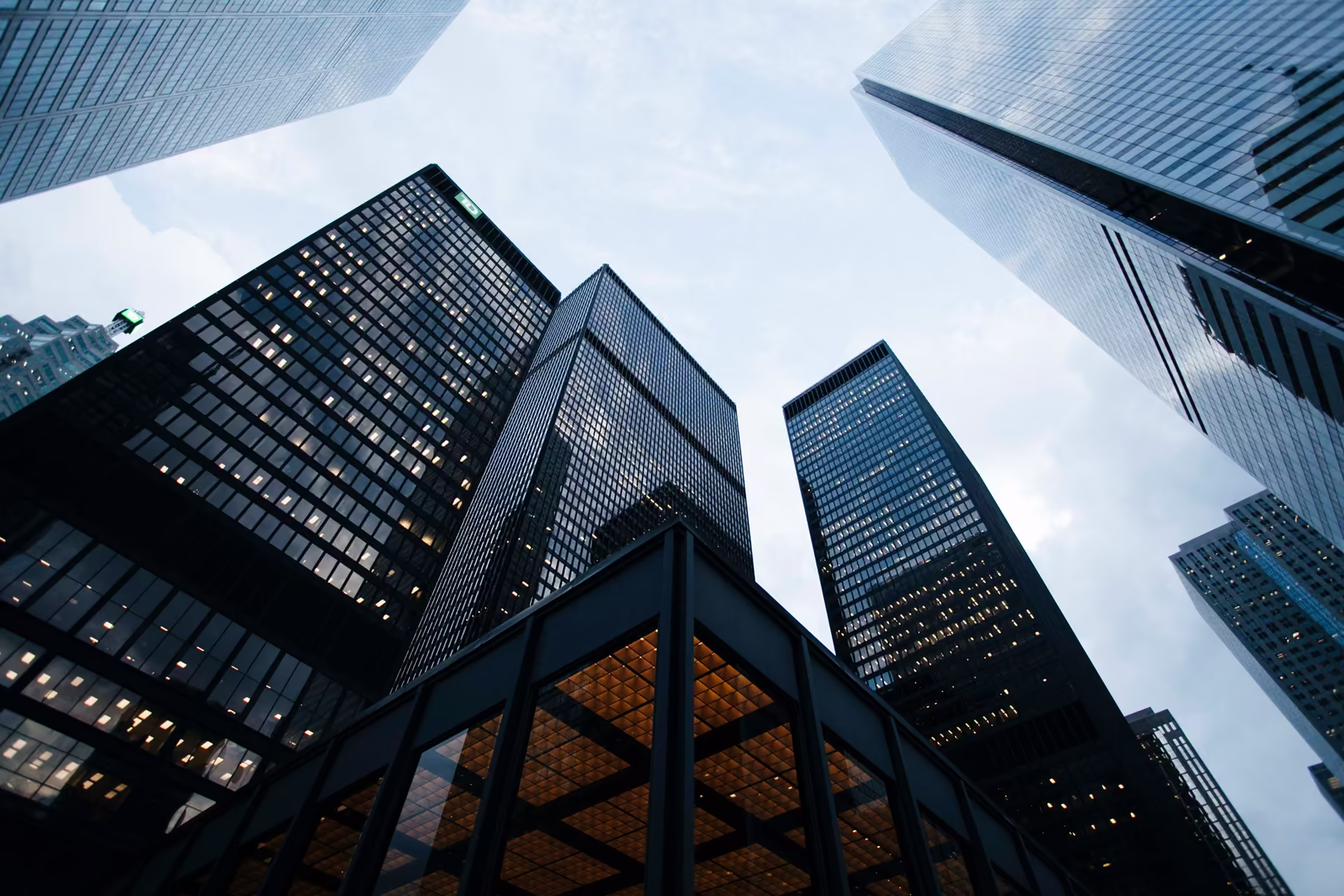 Office towers seen from street level