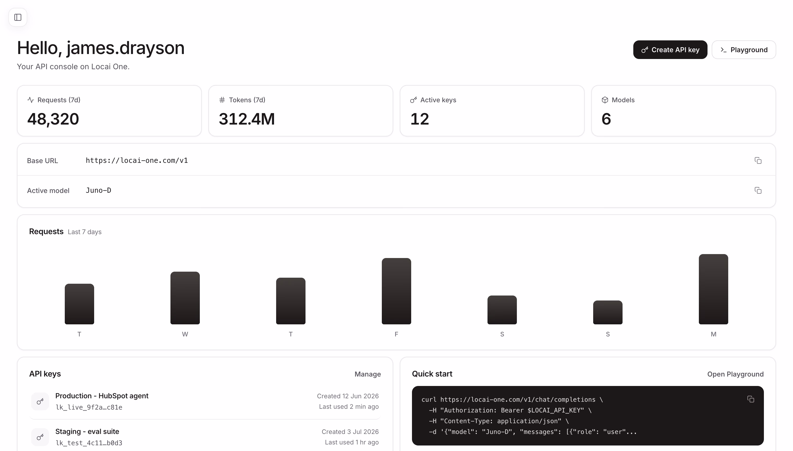 The Locai App API console showing request volume, active keys and a quick-start request