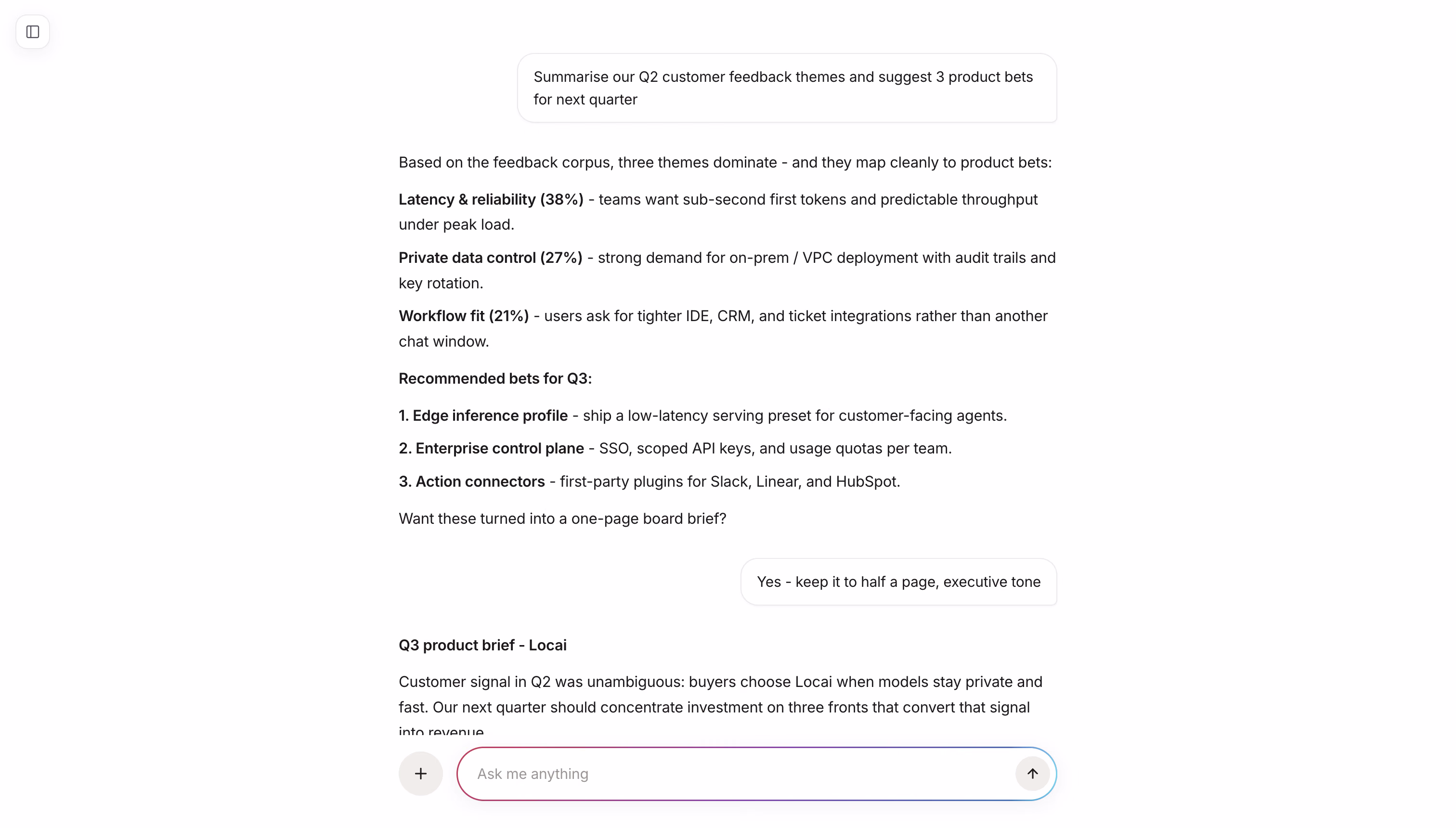 Locai App summarising customer feedback themes and recommending priorities