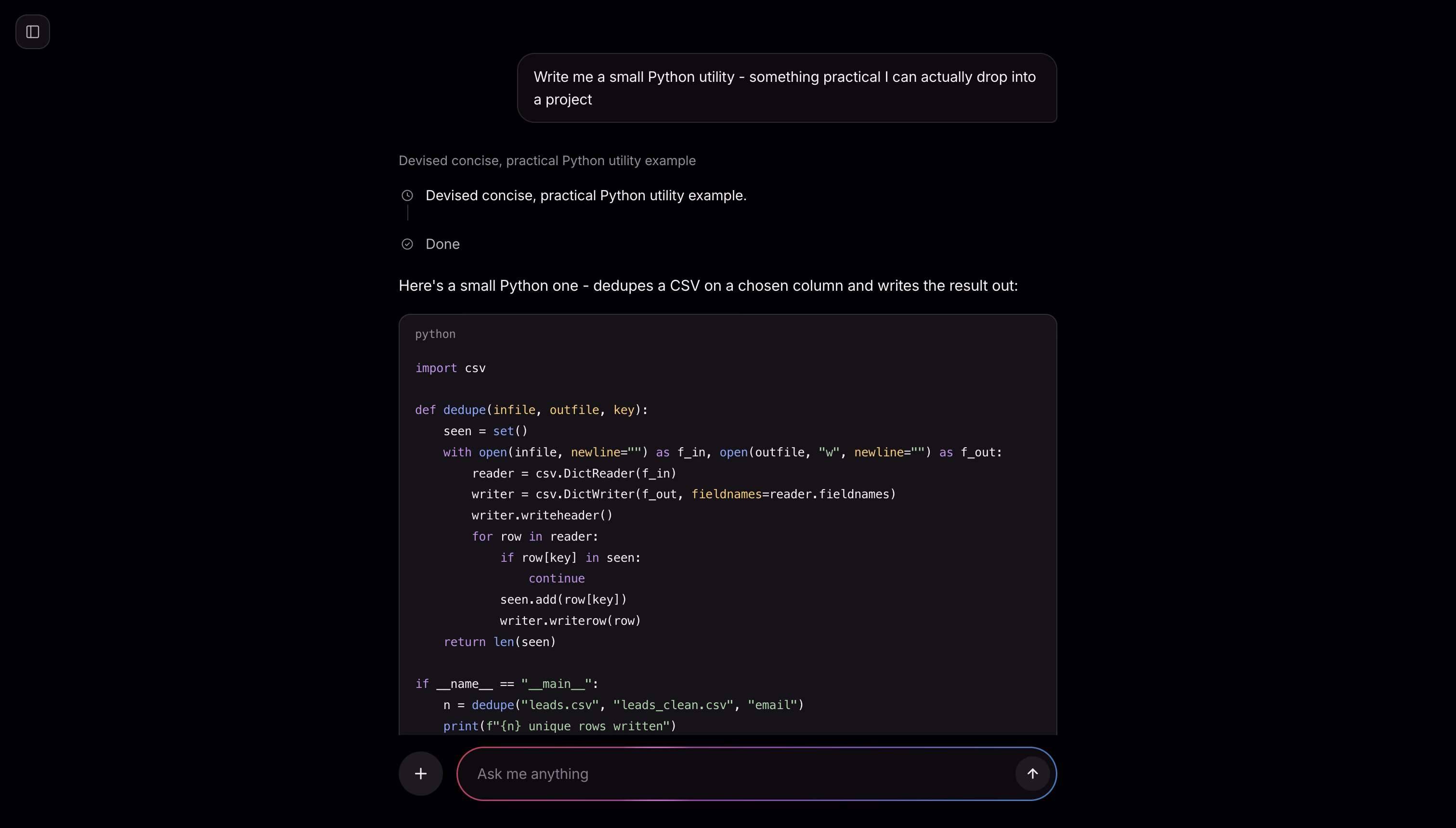 Locai App writing a Python utility in response to a request